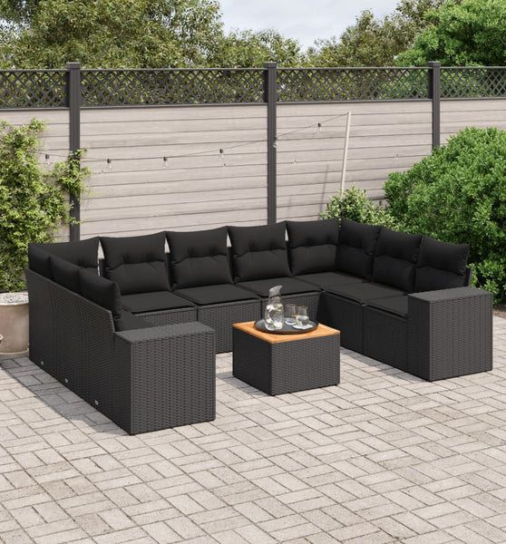 10-tlg. Garten-Sofagarnitur mit Kissen Schwarz Poly Rattan
