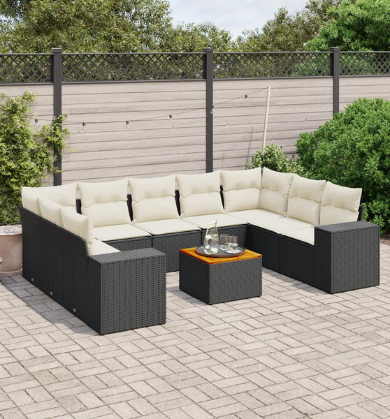 10-tlg. Garten-Sofagarnitur mit Kissen Schwarz Poly Rattan