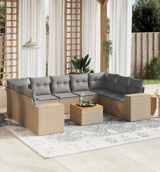 10-tlg. Garten-Sofagarnitur mit Kissen Beige Poly Rattan