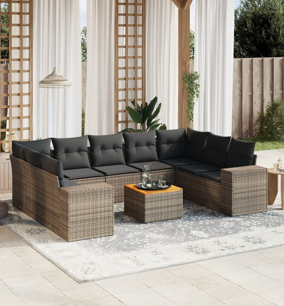 10-tlg. Garten-Sofagarnitur mit Kissen Grau Poly Rattan