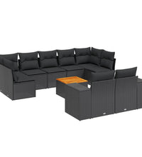 10-tlg. Garten-Sofagarnitur mit Kissen Schwarz Poly Rattan