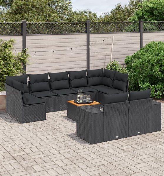 10-tlg. Garten-Sofagarnitur mit Kissen Schwarz Poly Rattan