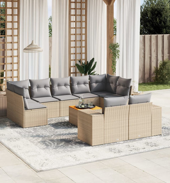 10-tlg. Garten-Sofagarnitur mit Kissen Beige Poly Rattan