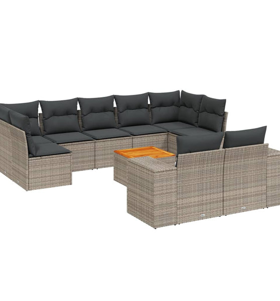 10-tlg. Garten-Sofagarnitur mit Kissen Grau Poly Rattan