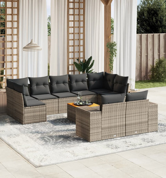 10-tlg. Garten-Sofagarnitur mit Kissen Grau Poly Rattan