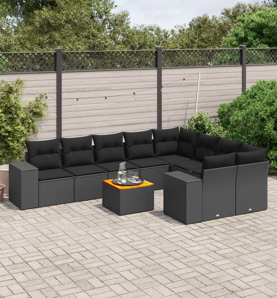 10-tlg. Garten-Sofagarnitur mit Kissen Schwarz Poly Rattan