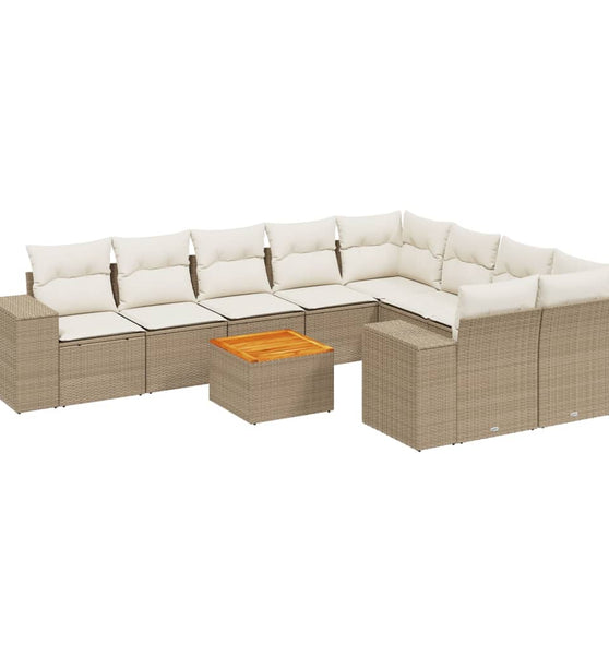 10-tlg. Garten-Sofagarnitur mit Kissen Beige Poly Rattan