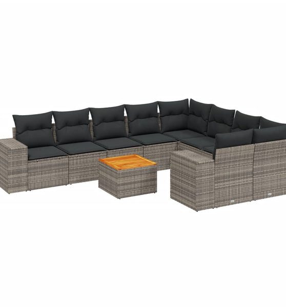 10-tlg. Garten-Sofagarnitur mit Kissen Grau Poly Rattan