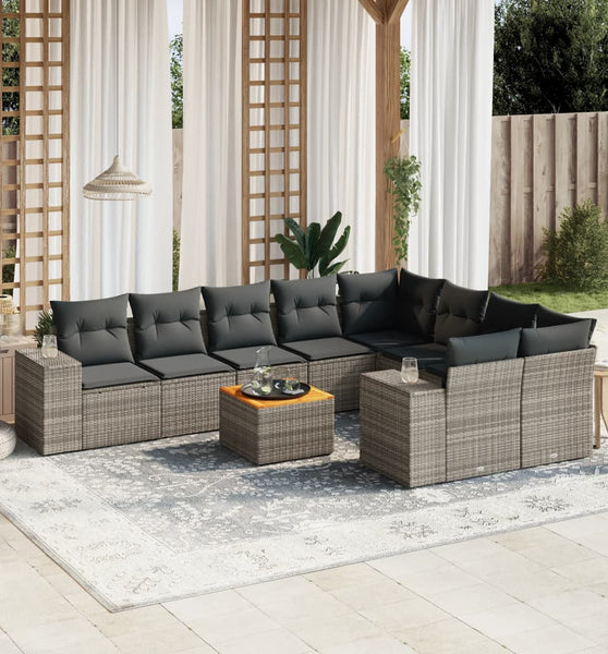 10-tlg. Garten-Sofagarnitur mit Kissen Grau Poly Rattan