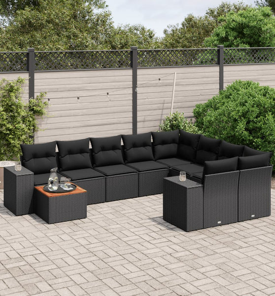 10-tlg. Garten-Sofagarnitur mit Kissen Schwarz Poly Rattan