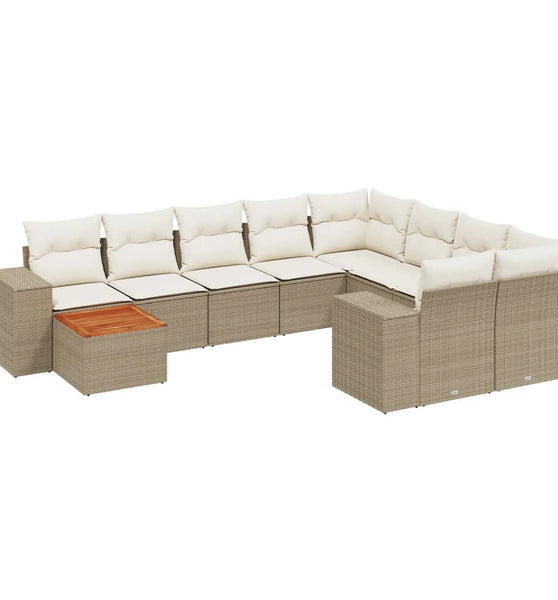 10-tlg. Garten-Sofagarnitur mit Kissen Beige Poly Rattan