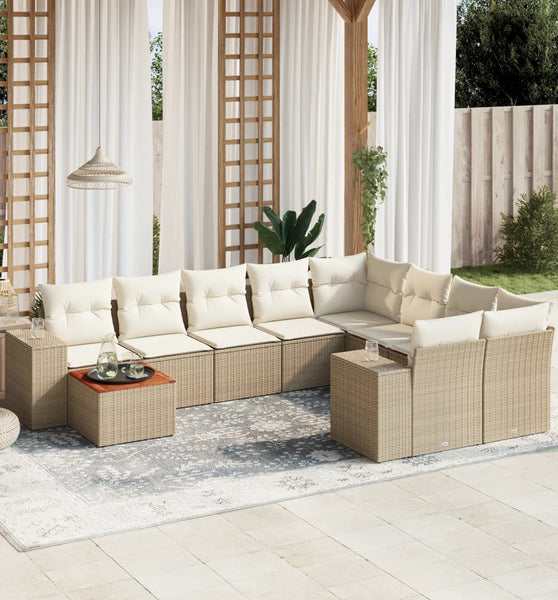 10-tlg. Garten-Sofagarnitur mit Kissen Beige Poly Rattan