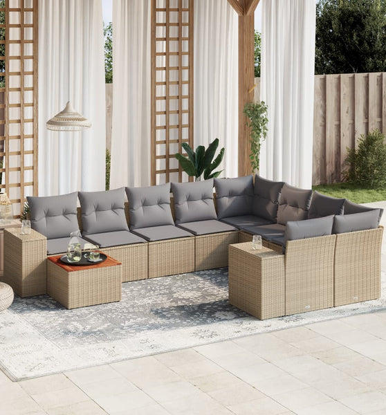 10-tlg. Garten-Sofagarnitur mit Kissen Beige Poly Rattan