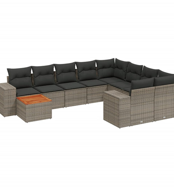 10-tlg. Garten-Sofagarnitur mit Kissen Grau Poly Rattan