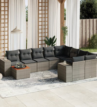 10-tlg. Garten-Sofagarnitur mit Kissen Grau Poly Rattan