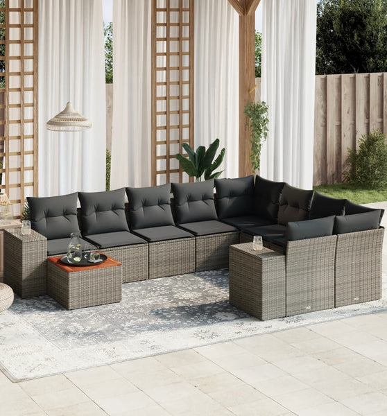10-tlg. Garten-Sofagarnitur mit Kissen Grau Poly Rattan
