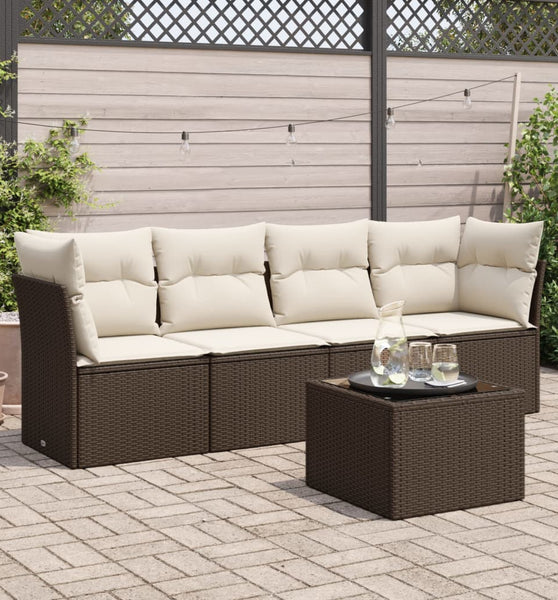 5-tlg. Garten-Sofagarnitur mit Kissen Braun Poly Rattan