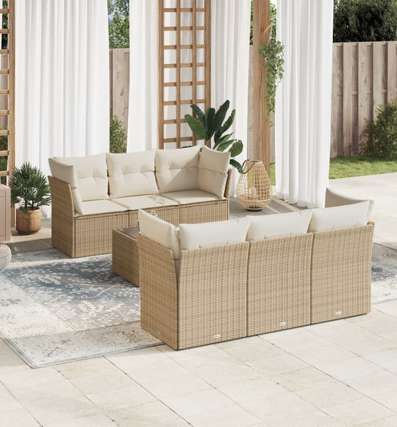 7-tlg. Garten-Sofagarnitur mit Kissen Beige Poly Rattan