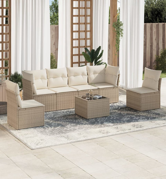 7-tlg. Garten-Sofagarnitur mit Kissen Beige Poly Rattan