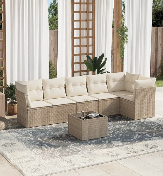 7-tlg. Garten-Sofagarnitur mit Kissen Beige Poly Rattan