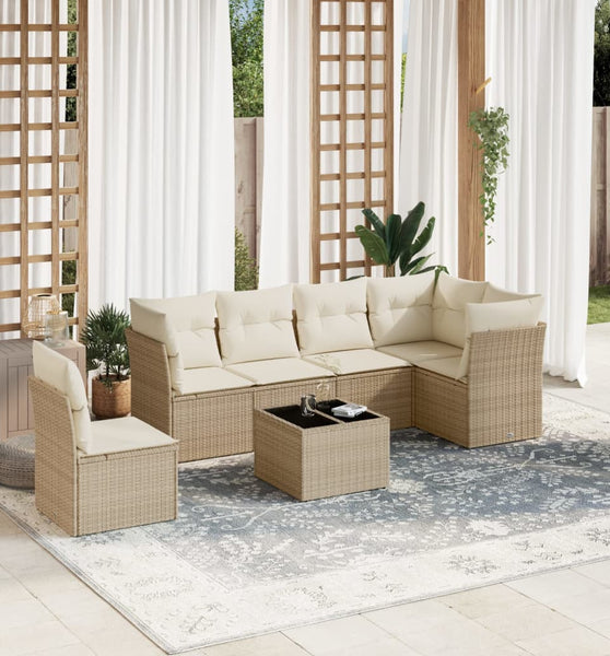 7-tlg. Garten-Sofagarnitur mit Kissen Beige Poly Rattan