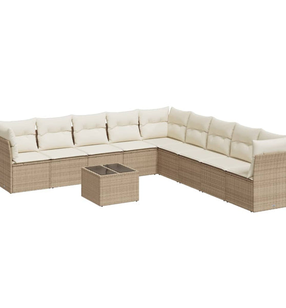 10-tlg. Garten-Sofagarnitur mit Kissen Beige Poly Rattan