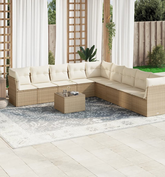 10-tlg. Garten-Sofagarnitur mit Kissen Beige Poly Rattan