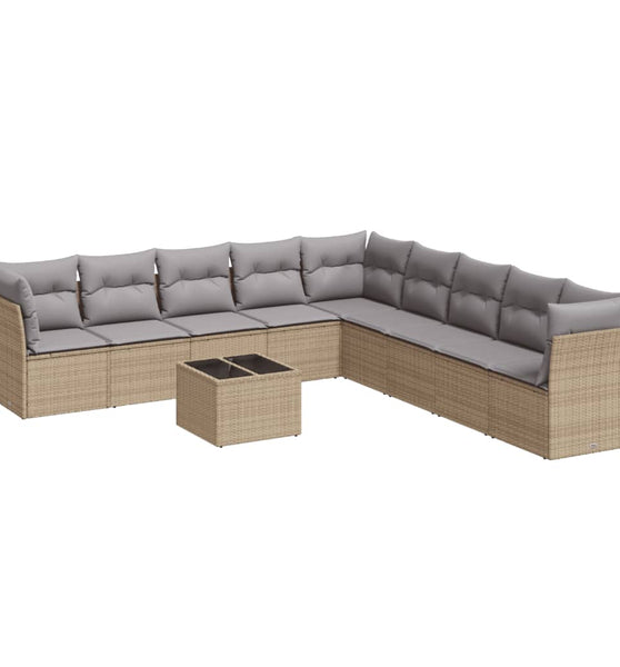 10-tlg. Garten-Sofagarnitur mit Kissen Beige Poly Rattan