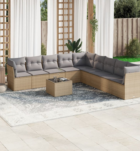 10-tlg. Garten-Sofagarnitur mit Kissen Beige Poly Rattan