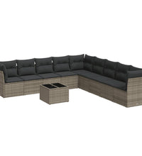 10-tlg. Garten-Sofagarnitur mit Kissen Grau Poly Rattan