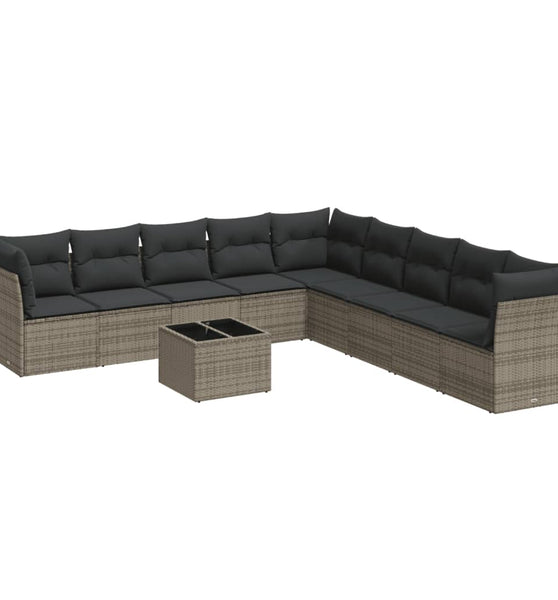 10-tlg. Garten-Sofagarnitur mit Kissen Grau Poly Rattan