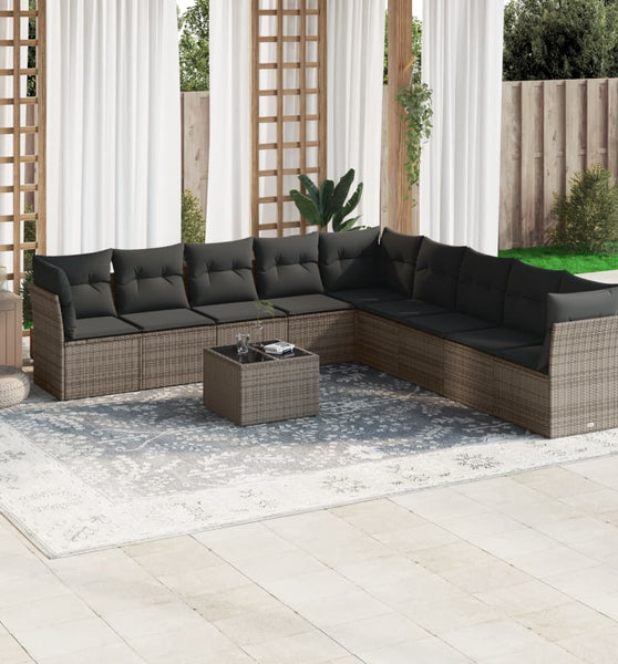 10-tlg. Garten-Sofagarnitur mit Kissen Grau Poly Rattan