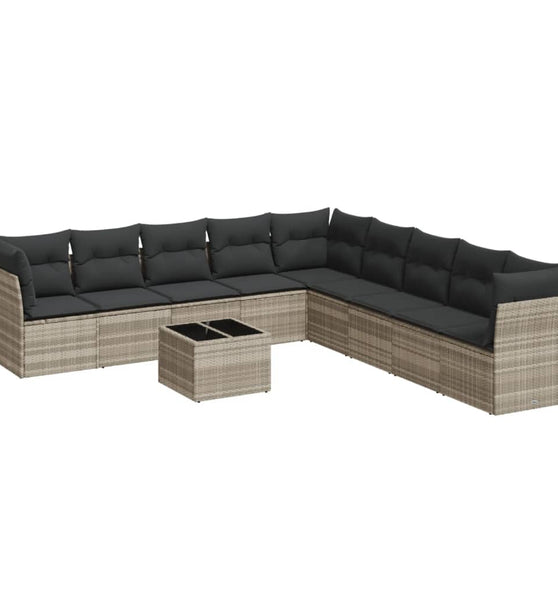 10-tlg. Garten-Sofagarnitur mit Kissen Hellgrau Poly Rattan