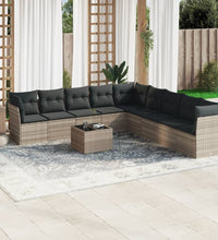 10-tlg. Garten-Sofagarnitur mit Kissen Hellgrau Poly Rattan