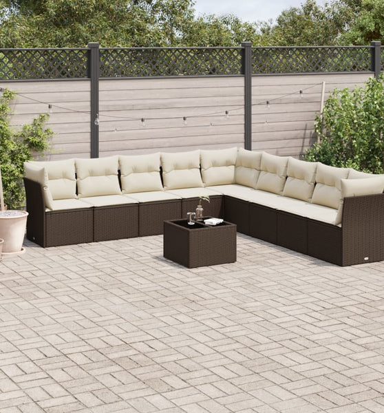 10-tlg. Garten-Sofagarnitur mit Kissen Braun Poly Rattan
