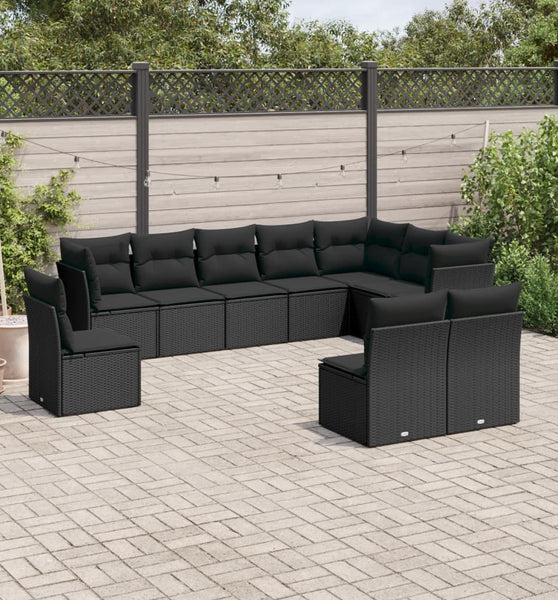 10-tlg. Garten-Sofagarnitur mit Kissen Schwarz Poly Rattan