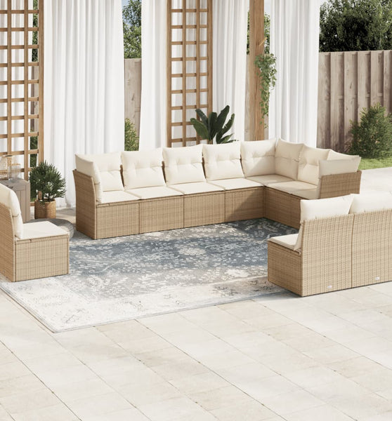 10-tlg. Garten-Sofagarnitur mit Kissen Beige Poly Rattan