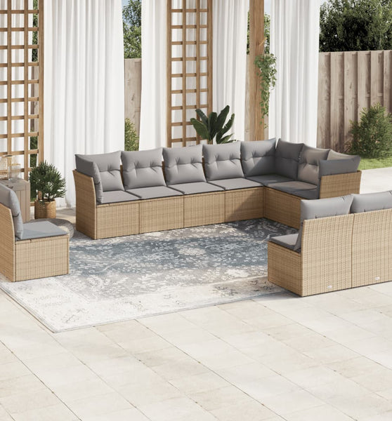 10-tlg. Garten-Sofagarnitur mit Kissen Beige Poly Rattan