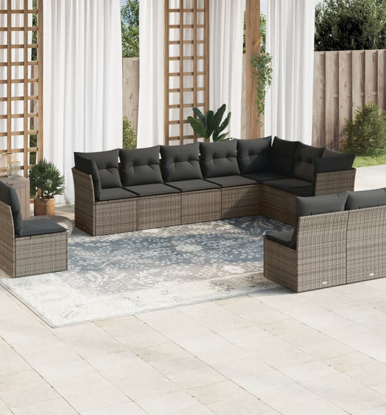 10-tlg. Garten-Sofagarnitur mit Kissen Grau Poly Rattan