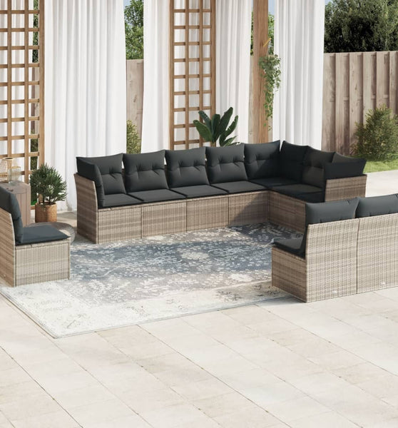 10-tlg. Garten-Sofagarnitur mit Kissen Hellgrau Poly Rattan