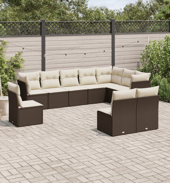 10-tlg. Garten-Sofagarnitur mit Kissen Braun Poly Rattan