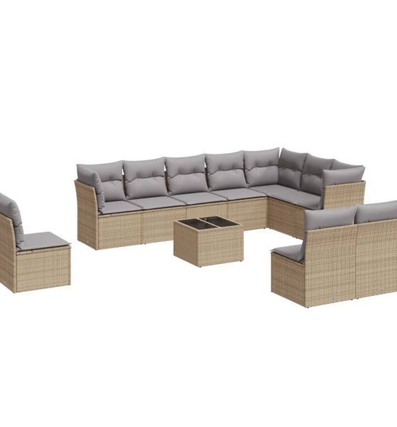 11-tlg. Garten-Sofagarnitur mit Kissen Beige Poly Rattan