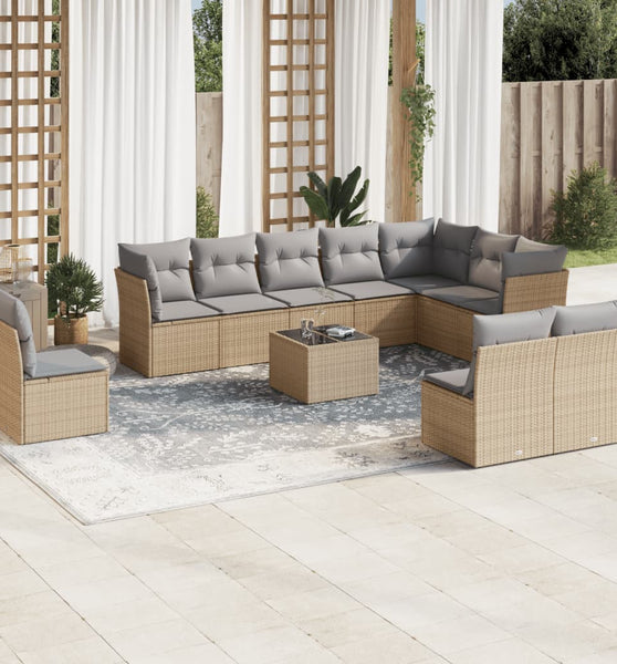 11-tlg. Garten-Sofagarnitur mit Kissen Beige Poly Rattan