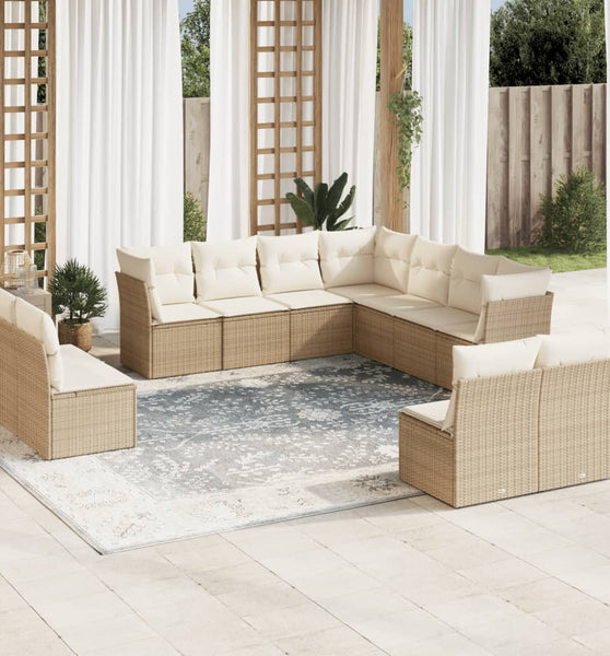 11-tlg. Garten-Sofagarnitur mit Kissen Beige Poly Rattan
