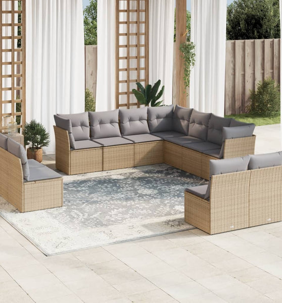 11-tlg. Garten-Sofagarnitur mit Kissen Beige Poly Rattan