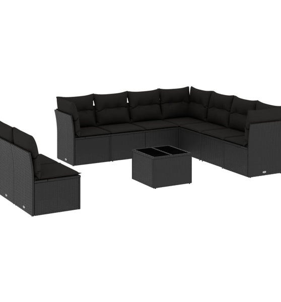 10-tlg. Garten-Sofagarnitur mit Kissen Schwarz Poly Rattan