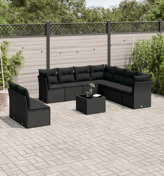 10-tlg. Garten-Sofagarnitur mit Kissen Schwarz Poly Rattan