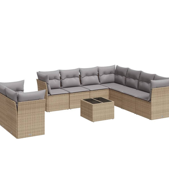 10-tlg. Garten-Sofagarnitur mit Kissen Beige Poly Rattan