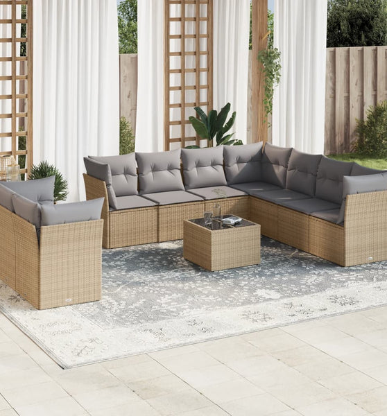 10-tlg. Garten-Sofagarnitur mit Kissen Beige Poly Rattan