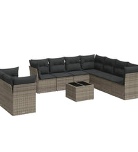 10-tlg. Garten-Sofagarnitur mit Kissen Grau Poly Rattan